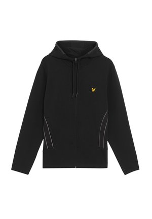 Sort zip-up hættetrøje lavet af blødt stof, med en hætte der kan justeres med snore, hvide side detaljer og et lille gult logo på brystet.