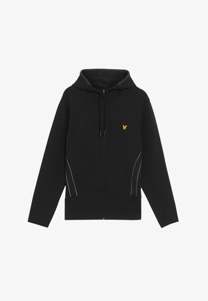 Schwarze Zip-Hoodie aus weichem Stoff, mit einer Kapuze mit Kordelzug, weißen seitlichen Akzenten und einem kleinen gelben Logo auf der Brust.