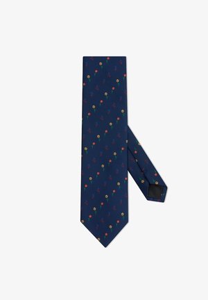 Granatowy krawat z mikro kwiatowym wzorem w kolorach czerwonym, żółtym i niebieskim. Teksturowany materiał, spiczasty koniec oraz czarne wykończenie z tyłu.