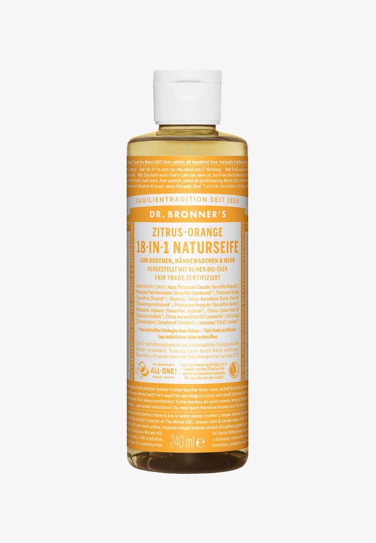 Amber-oranje vloeibare zeep in een doorzichtige plastic fles; witte flip-top dop. Etiket bevat oranje en witte tekst met details over de ingrediënten. 240 ml.