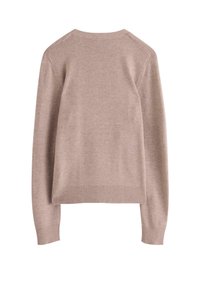 Jasno-beżowy sweter z miękkiej dzianiny, z okrągłym dekoltem, ściągaczami przy rękawach oraz ściągaczem u dołu, o prostym, eleganckim designie.