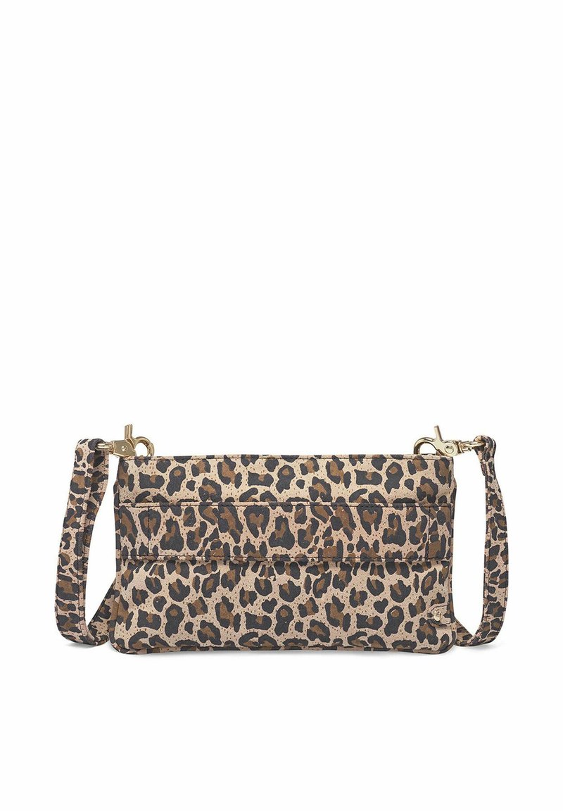 Borsa a pochette in stampa leopardo beige e marrone, caratterizzata da un tessuto texturizzato, chiusura con zip e una tracolla removibile con dettagli in metallo dorato.