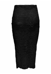 Schwarzer Spitzenteil mit Blumenmuster, mit taillierter Form und gewelltem Saum. Hergestellt aus leichtem, strukturiertem Stoff.