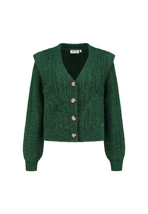 Zelený pletený cardigan s výstřihem do V, dlouhými rukávy, pěti hnědými knoflíkovými zapínáními a texturovaným vzorem. Krátká délka s žebrovanými manžetami.
