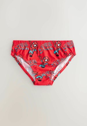 Red boys' swim briefs featuring Spider-Man print, elastic waistband, and soft fabric, with contrasting blue text and illustrations on the front.