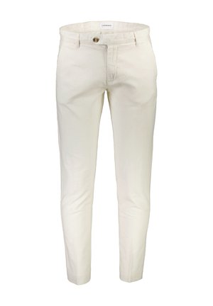 Light beige linen pants with a slim fit, featuring a zip and button fly, front pockets, and a smooth, slightly textured fabric.