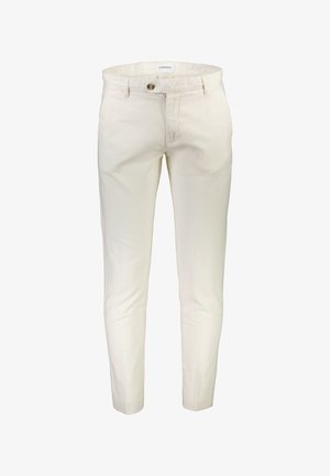 Lichtbeige linnen broek met een slim fit, voorzien van een rits- en knoopsluiting, zijzakken en een soepele, licht gestructureerde stof.