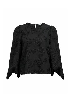 Sort bluse med lange ærmer, der har struktureret blomsterbroderi. Rund hals, afslappet pasform og en lille åbning i ryggen.