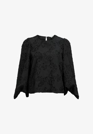Czarna bluzka z długimi rękawami, ozdobiona teksturowym haftem w kwiaty. Okrągły dekolt, luźny krój oraz mały detal z tyłu.
