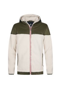 Kaptrui met een crèmekleurig fluffy lijf, olijfgroene nylon schouders, een rode en witte rits, en zijzakken. Beschikt over een zachte, gestructureerde afwerking.