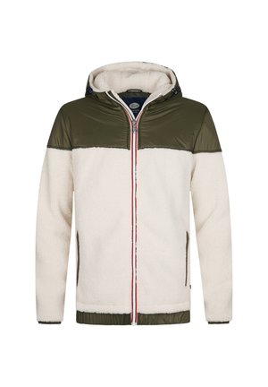 Kaptrui met een crèmekleurig fluffy lijf, olijfgroene nylon schouders, een rode en witte rits, en zijzakken. Beschikt over een zachte, gestructureerde afwerking.