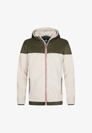 Chaqueta con capucha de cuerpo esponjoso de color crema, hombros de nylon verde oliva, cremallera roja y blanca, y bolsillos laterales. Presenta un acabado suave y texturizado.