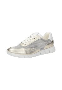 Sneaker mit metallisch goldenem und weißem Mesh-Obermaterial, strukturierten Details und weißer Gummisohle. Schnürdesign mit runden Belüftungsöffnungen.