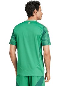 Grembiule sportivo verde con motivi geometrici sulle maniche, collo rotondo e tessuto traspirante. Presenta strisce in contrasto e dettagli con logo.