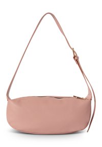 Borsa a spalla in pelle rosa con una forma arrotondata, fondo piatto e una sola tracolla lunga. Presenta una chiusura con zip lungo la parte superiore.