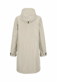 Helle beige Regenjacke mit Kapuze, verstellbarem Taillenzug, langen Ärmeln mit Knöpfen an den Manschetten und einer glatten, wasserabweisenden Textur.