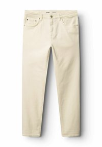 Beige pamut nadrág, egyenes lábbal, öt zsebbel, gombos záródással és finom varrási részletekkel.