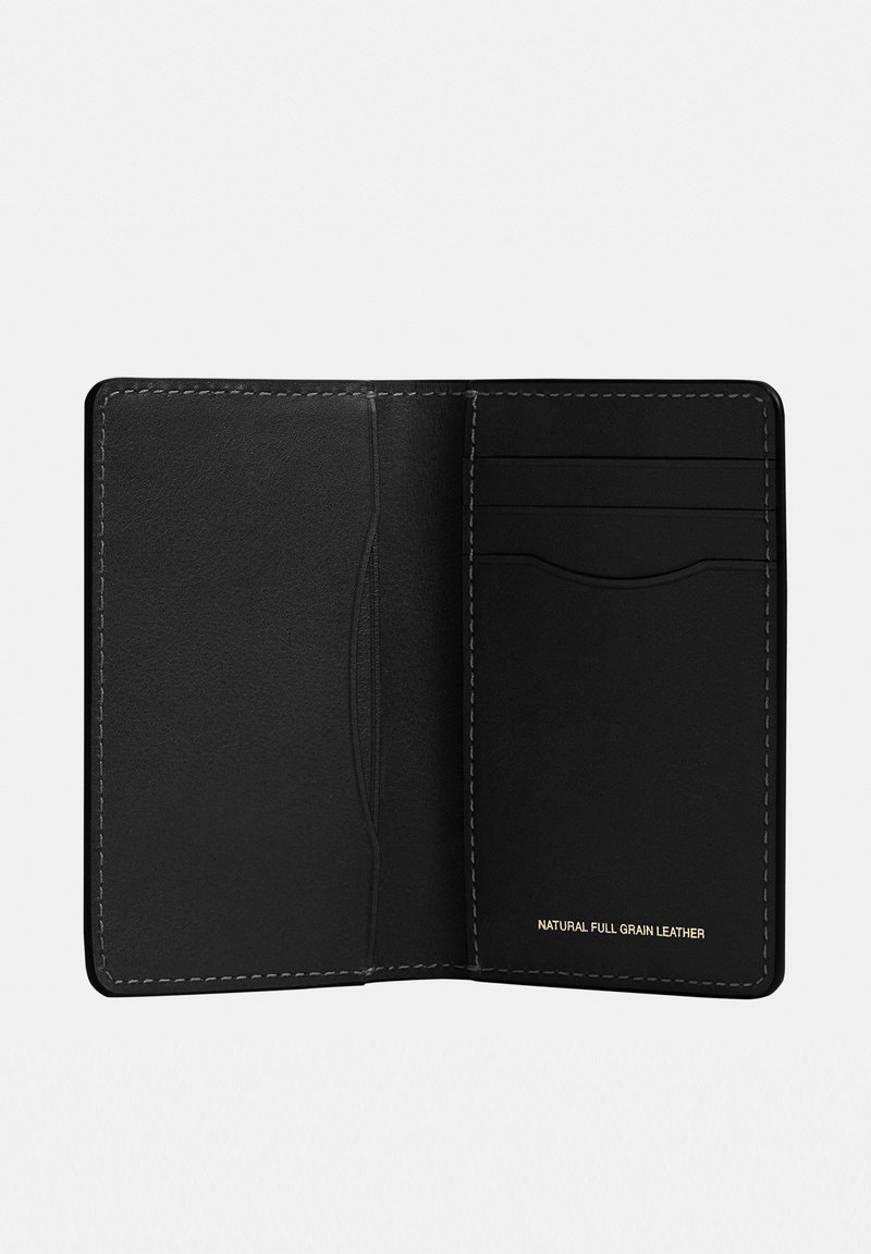 Black bifold wallet open, showing three card slots on right and single vertical pocket on left, stamped with "Natural Full Grain Leather."