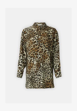 Camicia a stampa leopardata con design a bottone, realizzata in materiale liscio. Presenta maniche lunghe e un colletto classico nei toni del beige, marrone e nero.