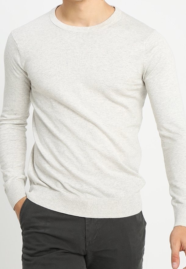 Helles graues Langarm-Sweatshirt mit Rundhalsausschnitt, engen Bündchen und Saum. Hergestellt aus einem weichen, strukturierten Material. Kombiniert mit dunklen Hosen.