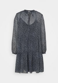 Vestido negro transparente de manga larga con estampado floral azul claro, cintura fruncida y falda en capas, exhibido sobre un fondo blanco.