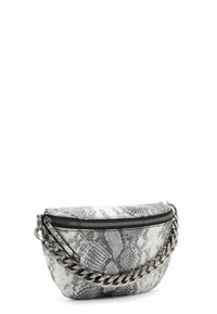 Tenká taška se vzorem hadí kůže v šedé a bílé barvě, s uzávěrem na zip a kovovým řetízkovým popruhem pro zvýraznění detailů a textury.