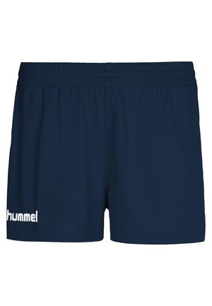 Ciemnoniebieskie spodenki sportowe z elastycznym pasem i białym logo „hummel” na dolnej lewej nodze, widziane z przodu.