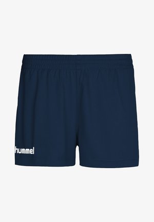 Ciemnoniebieskie spodenki sportowe z elastycznym pasem i białym logo „hummel” na dolnej lewej nodze, widziane z przodu.