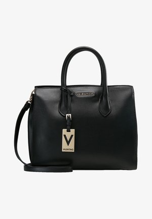 Zwarte Valentino leren handtas met dubbele bovengrips, afneembare schouderriem en gouden Valentino-logo label en naamplaatje.