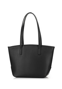 Sac en cuir noir avec deux longues poignées et un design lisse et minimaliste sur fond blanc.