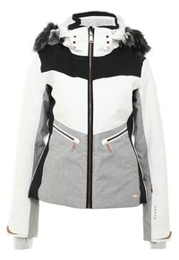 Veste d'hiver pour femmes en blanc, noir et gris, avec capuche, bordure en fourrure, fermeture éclair frontale et poches latérales zippées.