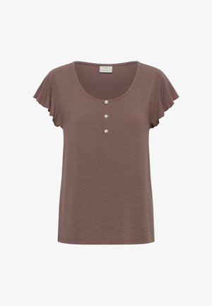 Blusa marrón de manga corta con tres botones blancos al frente y escote redondo, con tela texturizada y mangas acampanadas.
