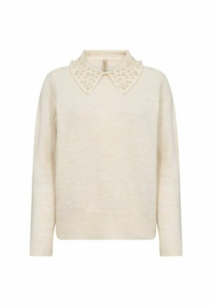 Kerman neule, jossa on pitkät hihat ja pyöreä pääntie, jossa on helmillä koristeltu kaulus sekä ribbireunat hihansuissa ja helmassa.