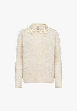 Kremasti pulover s dugim rukavima i zaobljenim izrezom, s ovratnikom ukrašenim biserima i rebrastim manžetama i rubom.