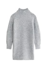 Pull à col roulé gris à côtes avec de longues manches et une coupe décontractée, fabriqué à partir d'un tissu tricoté doux et texturé.