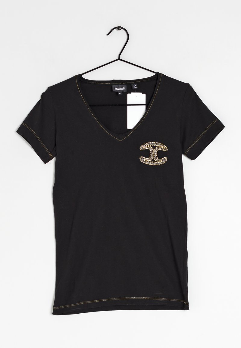 Svart V-ringad T-shirt i bomull med korta ärmar. Inkluderar en guldstickad logotyp utsmyckad med rhinestones på vänster bröst.