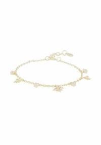 Guld kedjebr bracelet med stjärna- och hjärtcharms med klara accenter, som visar en ömtålig design och slät textur. Justerbart lås.