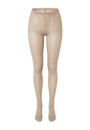 Collants beiges transparents présentés de face, montrant la ceinture et la couverture complète des jambes, sur un fond blanc uni.