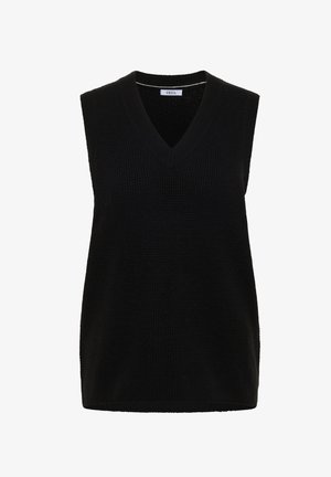 Zwart mouwloos gebreid topje met een V-hals en een gestructureerd patroon. Strakke randen, zonder zichtbare sluitingen of versieringen.