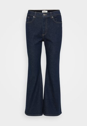 Mørkeblå vide jeans laget av denim, med et klassisk femlommesdesign, kontrastsøm, og bronseknapplukking.