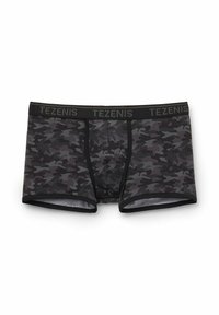 Pánské boxerky v černém a šedém maskovacím vzoru, vyrobené z měkké tkaniny s elastickým pasem TEZENIS a pevným černým lemem.