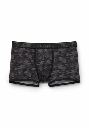 Men's boxer shorts in a black and gray camouflage pattern, made of soft fabric with an elastic TEZENIS waistband and solid black trim.