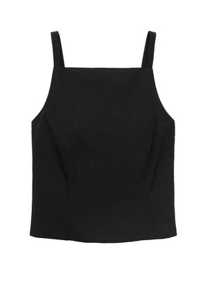 Black sleeveless top with a structured design, featuring thin straps, a straight neckline, and smooth texture. No visible patterns or accents.
