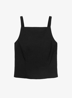 Top nero senza maniche con un design structurato, caratterizzato da spalline sottili, scollatura dritta e texture liscia. Nessun motivo o dettaglio visibile.