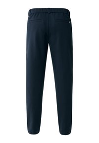 Pantaloni blu navy con una texture liscia, dotati di una vita e due tasche posteriori. Taglio dritto con un finish pulito.