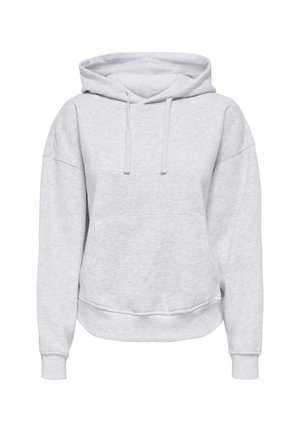 Gray hooded sweatshirt with a relaxed fit, drawstrings, ribbed cuffs, and a front pocket. Made from soft, textured fabric.