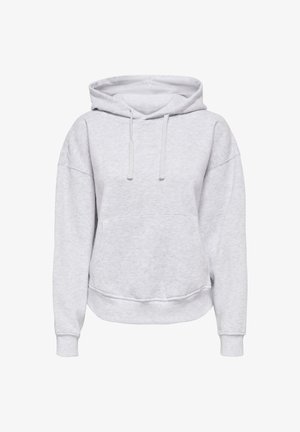 Pelēks kapucēts džemperis ar brīvu piegriezumu, ar auklām, ribotām piedurknēm un priekšējo kabatu. Izgatavots no mīksta, fakturēta auduma.