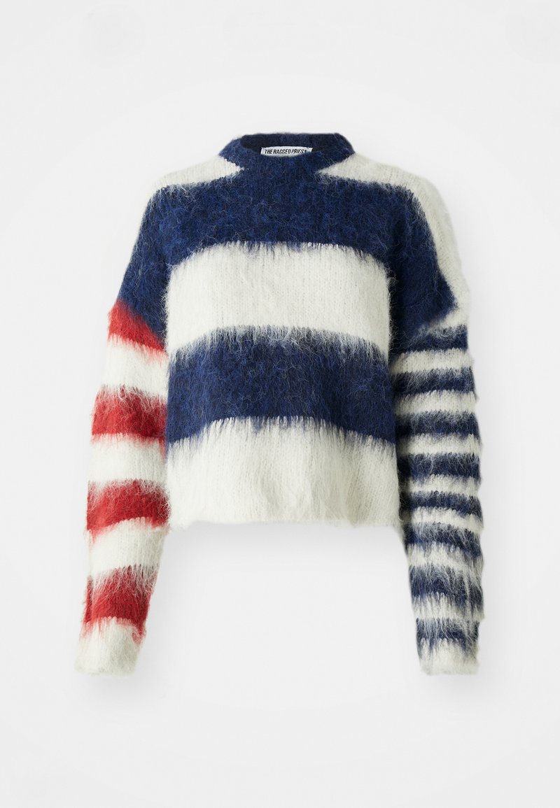 Blauwe, witte en rode gestreepte cropped sweater van pluizig garen; heeft effen en gestreepte patronen op de mouwen.