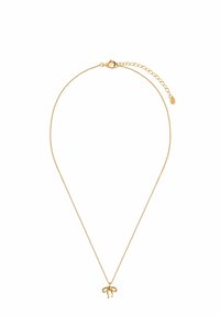 Złoty naszyjnik z delikatnym łańcuszkiem i zawieszką w kształcie kokardki. Posiada zapięcie typu homar oraz regulowaną długość z przedłużką.