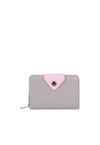 Gray wallet with a pink leather flap closure, featuring a silver accent button and embossed branding on the front. Compact and sleek design.